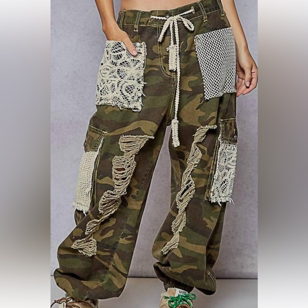 POL Camouflage Distressed Pants with Crochet Pockets